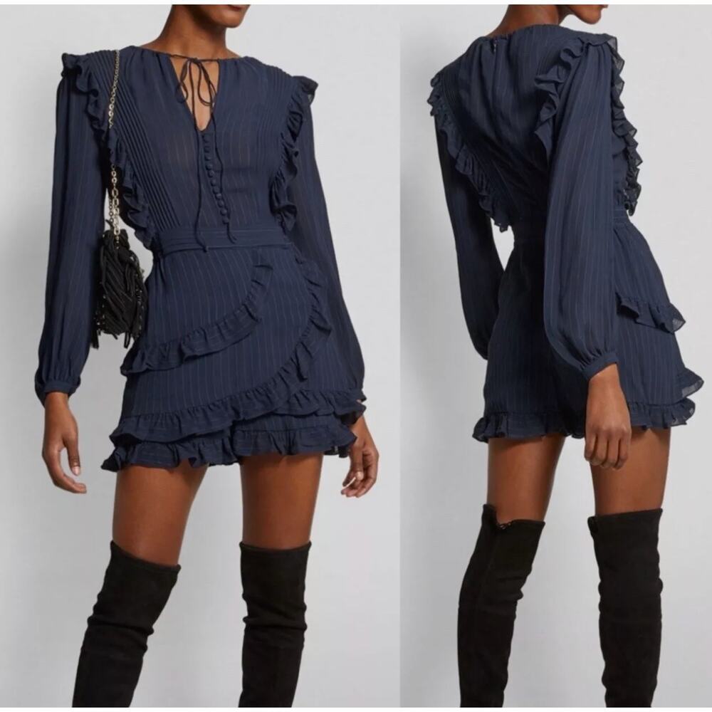 Maje Istra Ruffled Crepe Playsuit Romper Long Sleeve Pinstripe Blue Size 34 XS